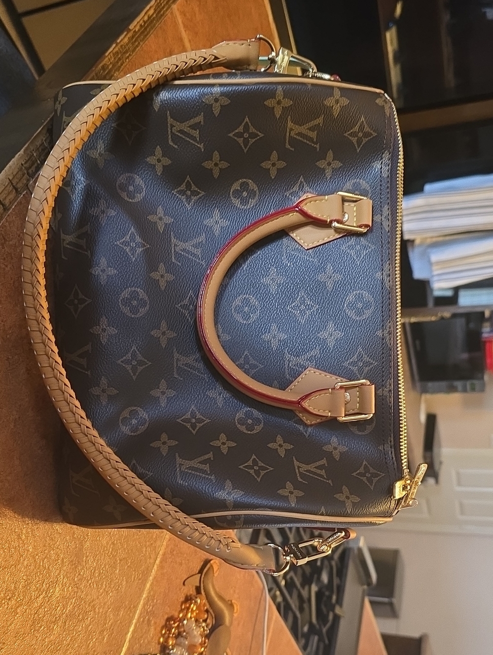 Louis Vuitton Monogram Canvas Top Handle Shoulder Bag with Red-Trim Handles